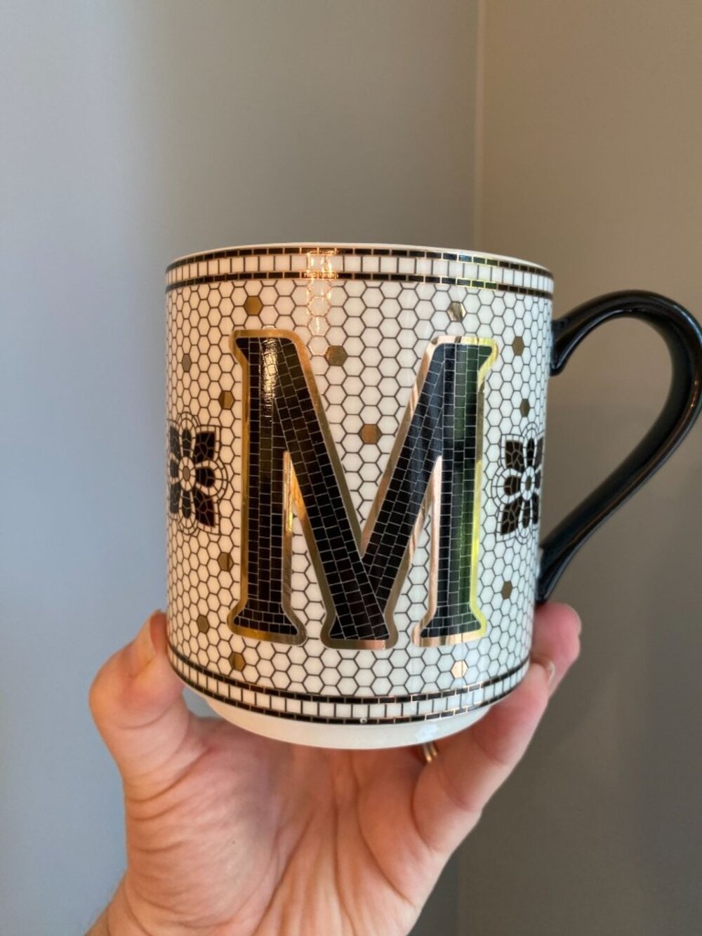 ANTHROPOLOGIE Margot Gold Black MOSAIC TILE Monogram M Initial MUG Coffee Cup